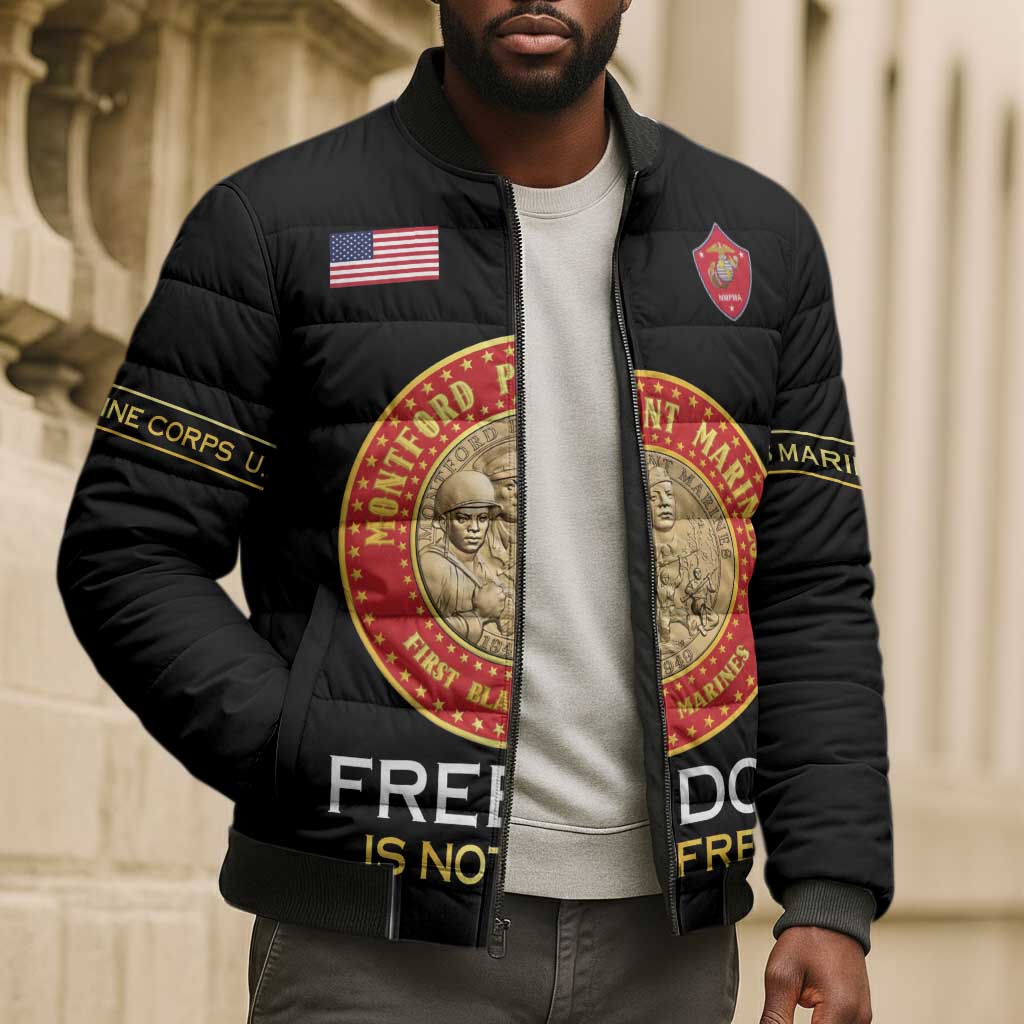 Personalized Proud to Honor Montford Point Marines Bomber Puffer Jacket Freedom Is Not Free - Black