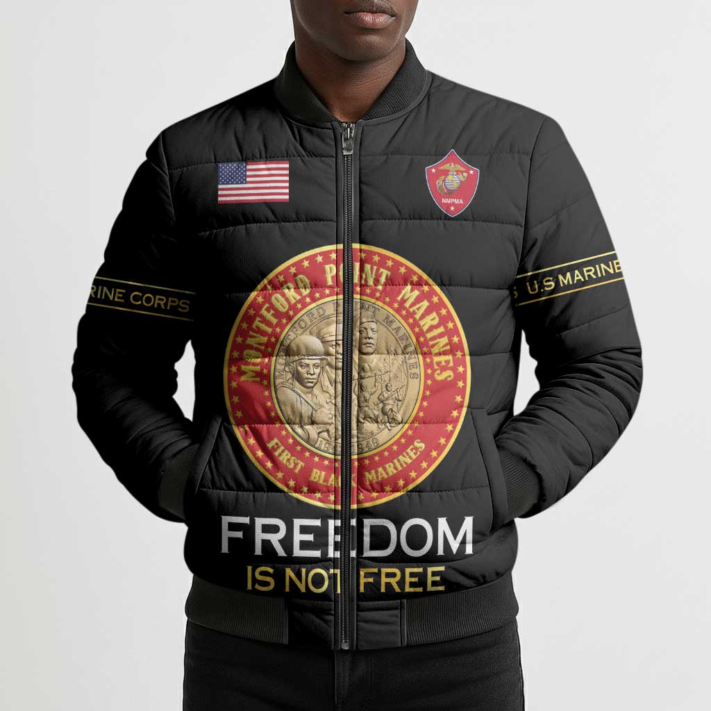 Personalized Proud to Honor Montford Point Marines Bomber Puffer Jacket Freedom Is Not Free - Black
