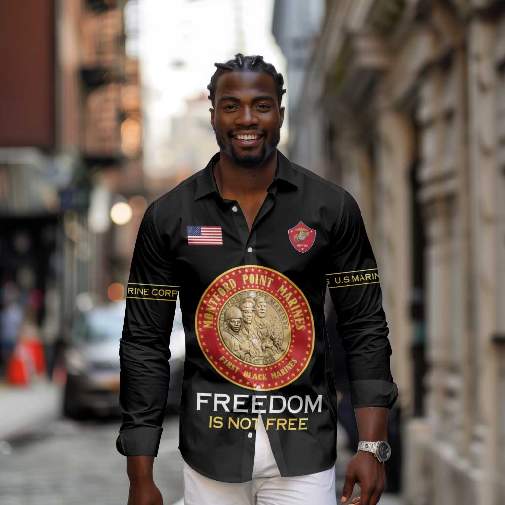 Personalized Honoring the First Black Marines Long Sleeve Button Shirt Montford Point Heroes - Black - African Pride