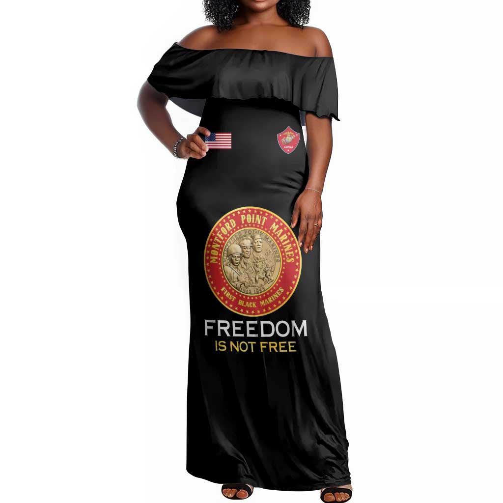 Personalized Honoring the First Black Marines Off Shoulder Maxi Dress Montford Point Heroes - Black - African Pride