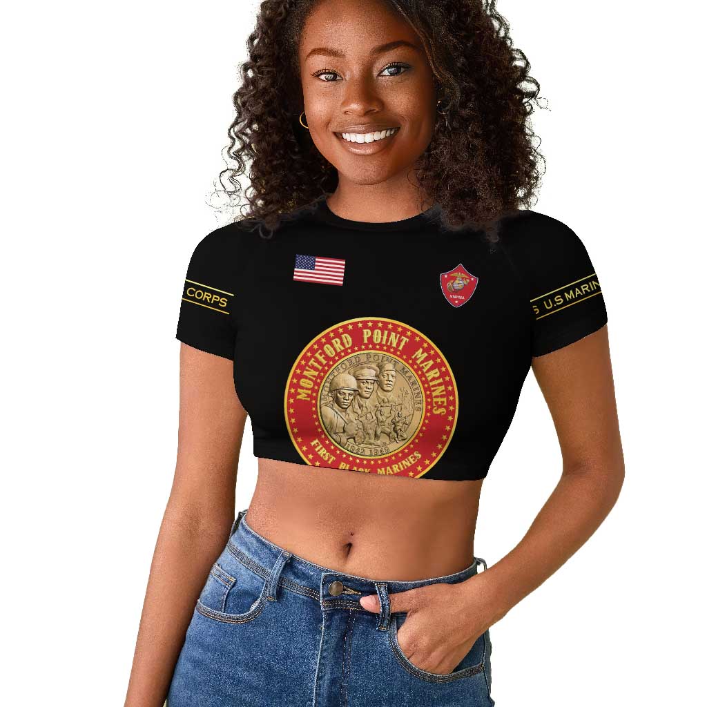 Personalized Honoring the First Black Marines Raglan Cropped T shirt Montford Point Heroes - Black - African Pride