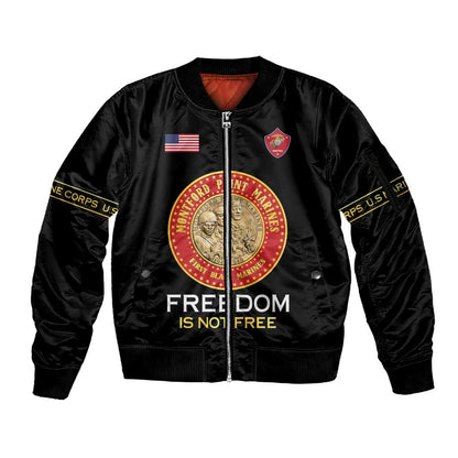 Personalized Honoring the First Black Marines Sleeve Zip Bomber Jacket Montford Point Heroes - Black - African Pride