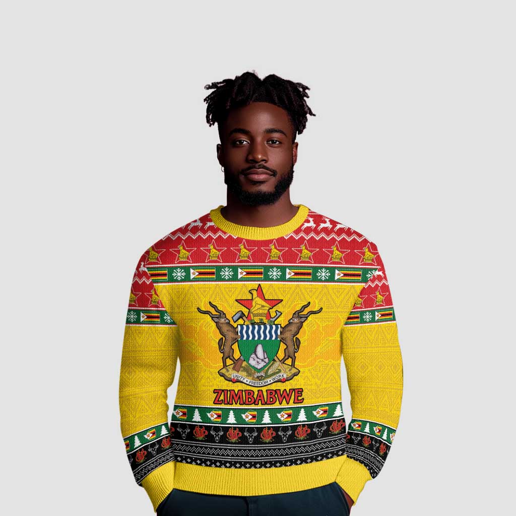 Afro Zimbabwe Christmas Ugly Christmas Sweater Coat Of Arms with African Pattern