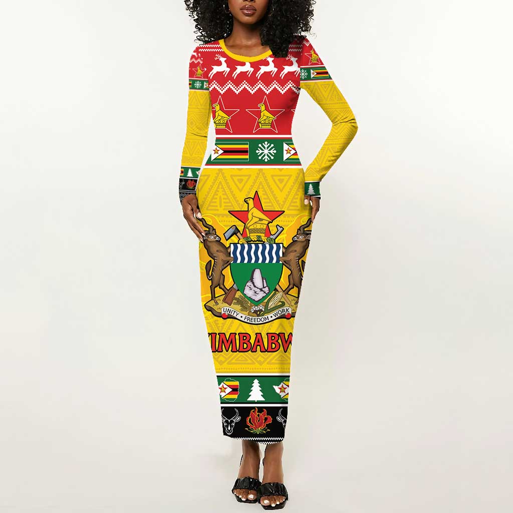 Afro Zimbabwe Christmas Long Sleeve Bodycon Dress Coat Of Arms - African Pattern LT15