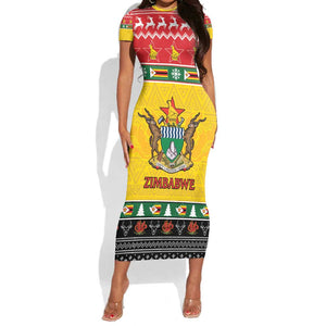 Afro Zimbabwe Christmas Short Sleeve Bodycon Dress Coat Of Arms - African Pattern LT15