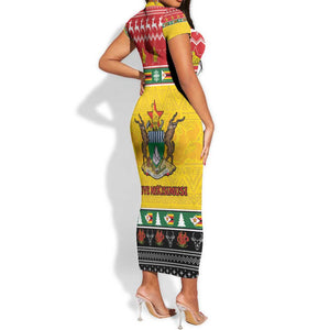 Afro Zimbabwe Christmas Short Sleeve Bodycon Dress Coat Of Arms - African Pattern LT15
