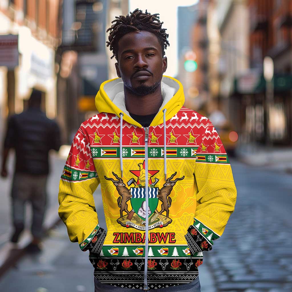 Afro Zimbabwe Christmas Zip Hoodie Coat Of Arms - African Pattern