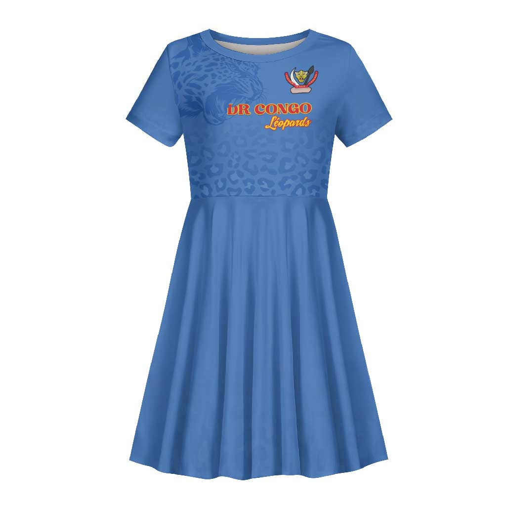 Afro DR Congo Football Custom Kid Short Sleeve Dress Viva Les Leopards - Blue - African Pride