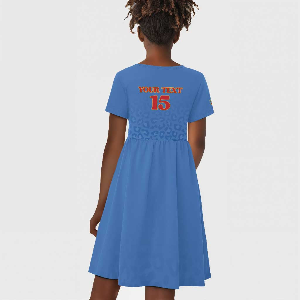 Afro DR Congo Football Custom Kid Short Sleeve Dress Viva Les Leopards - Blue - African Pride