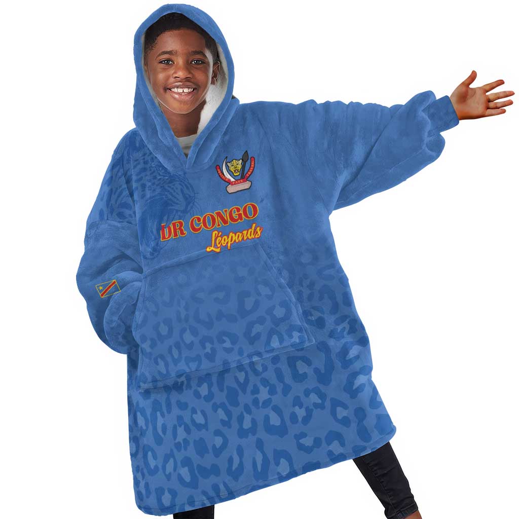 Afro DR Congo Football Custom Kid Wearable Blanket Hoodie Viva Les Leopards - Blue - African Pride