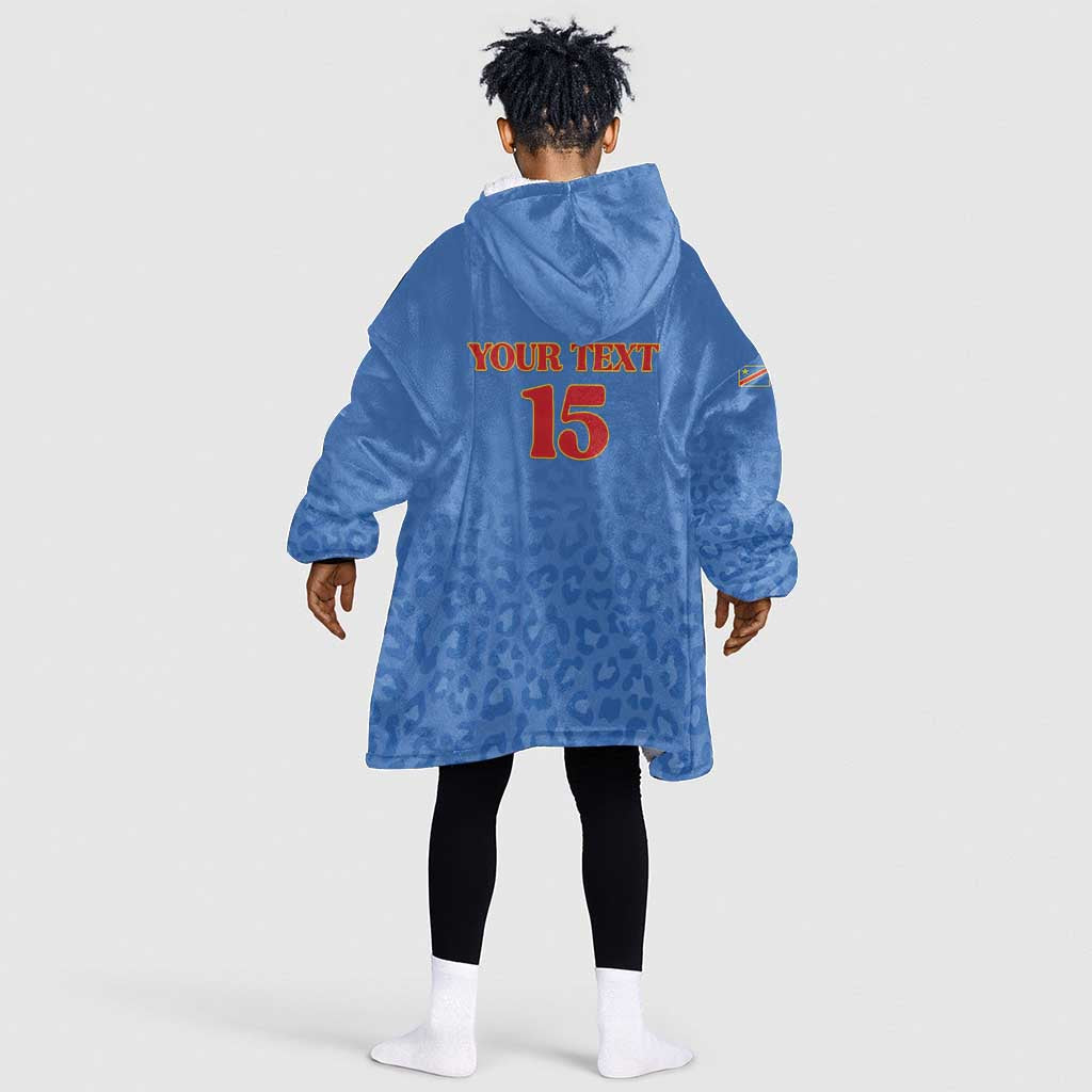 Afro DR Congo Football Custom Kid Wearable Blanket Hoodie Viva Les Leopards - Blue - African Pride