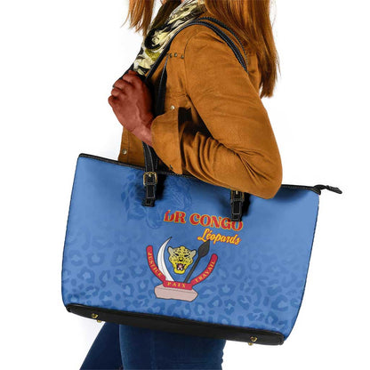 Afro DR Congo Football Leather Tote Bag Viva Les Leopards - Blue - African Pride