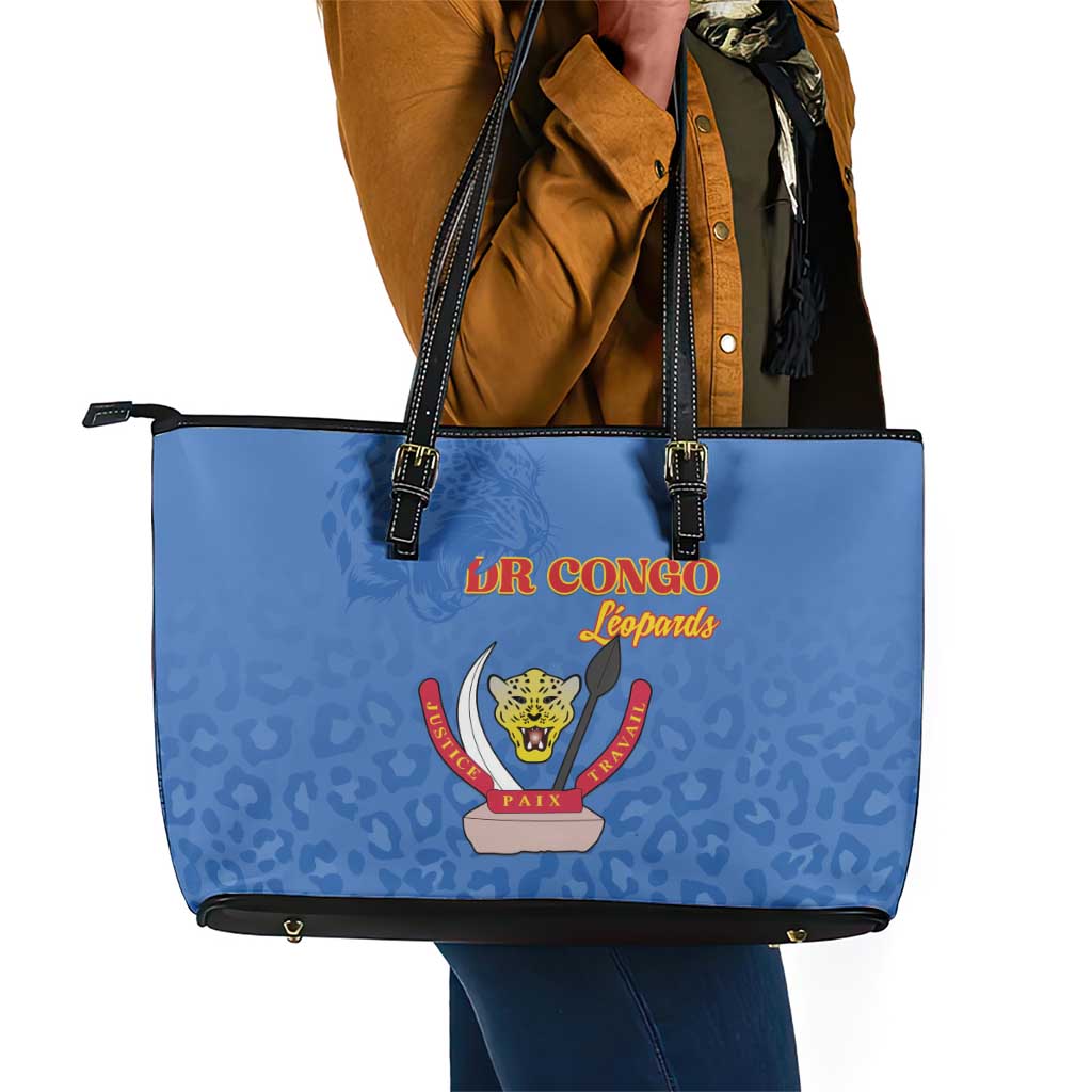 Afro DR Congo Football Leather Tote Bag Viva Les Leopards - Blue - African Pride