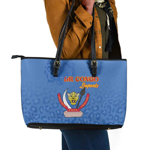 Afro DR Congo Football Leather Tote Bag Viva Les Leopards - Blue - African Pride