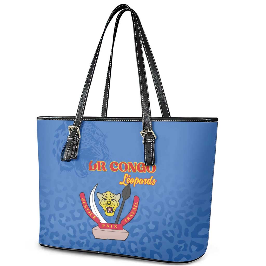 Afro DR Congo Football Leather Tote Bag Viva Les Leopards - Blue - African Pride
