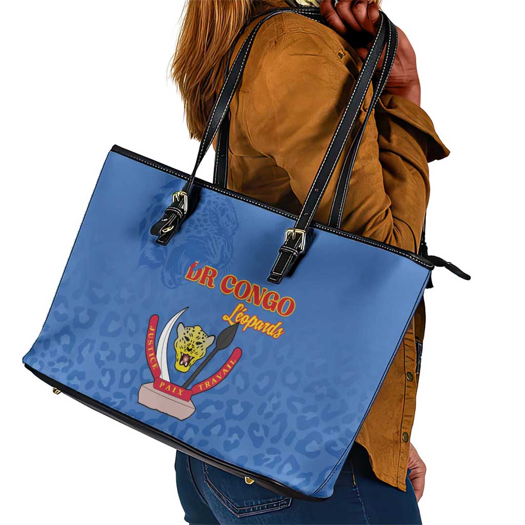 Afro DR Congo Football Leather Tote Bag Viva Les Leopards - Blue - African Pride