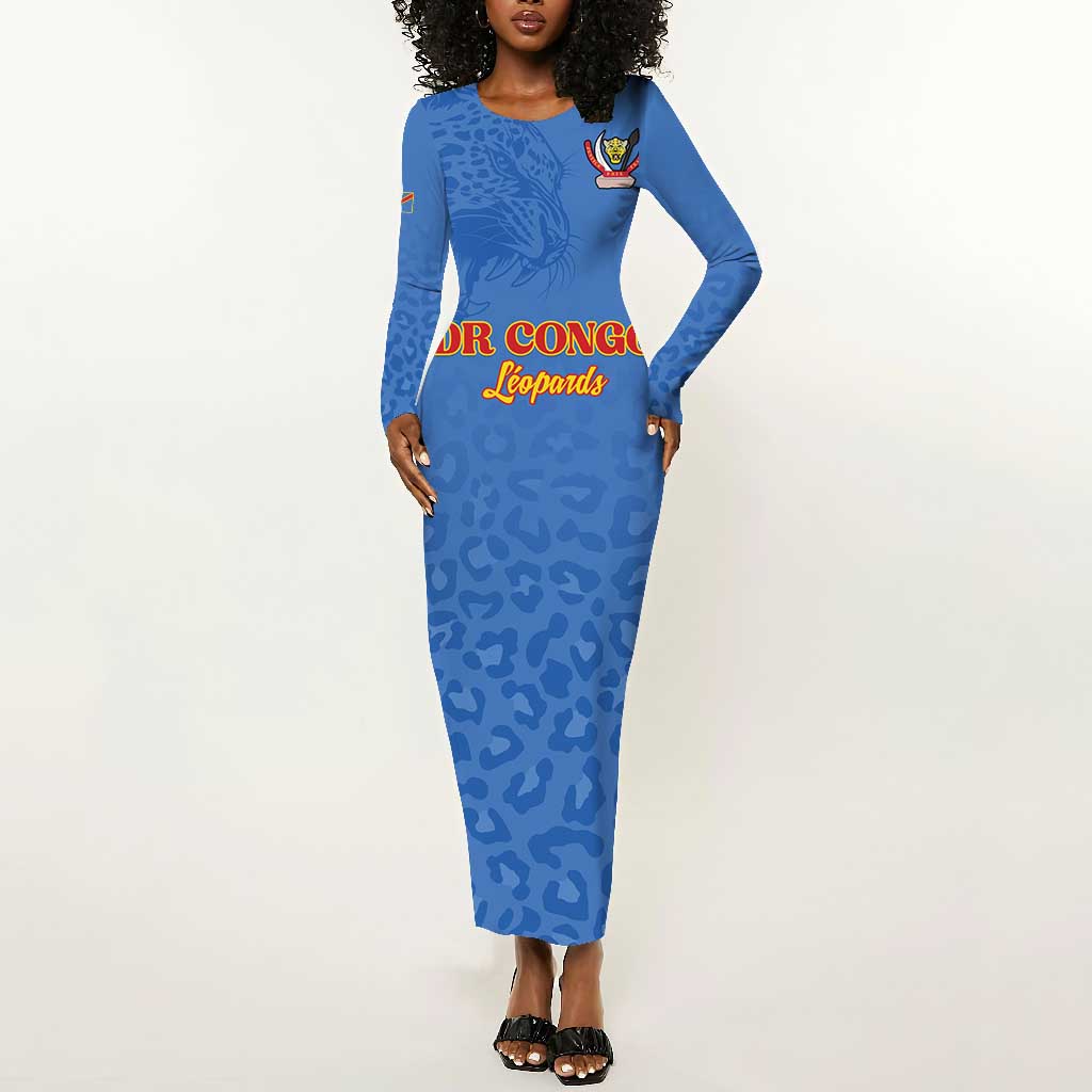 Afro DR Congo Football Custom Long Sleeve Bodycon Dress Viva Les Leopards - Blue - African Pride