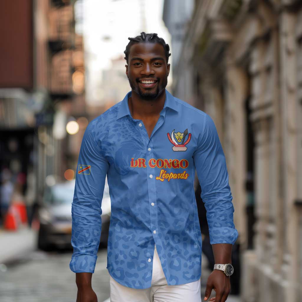 Afro DR Congo Football Custom Long Sleeve Button Shirt Viva Les Leopards - Blue - African Pride