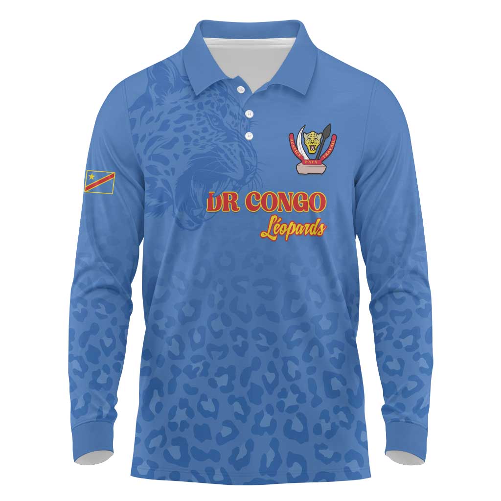 Afro DR Congo Football Custom Long Sleeve Polo Shirt Viva Les Leopards - Blue - African Pride