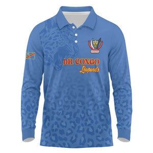 Afro DR Congo Football Custom Long Sleeve Polo Shirt Viva Les Leopards - Blue - African Pride