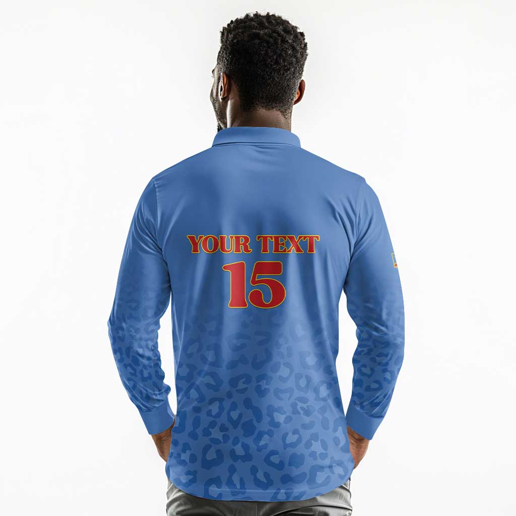 Afro DR Congo Football Custom Long Sleeve Polo Shirt Viva Les Leopards - Blue - African Pride