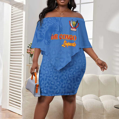 Afro DR Congo Football Custom Off Shoulder Short Dress Viva Les Leopards - Blue - African Pride