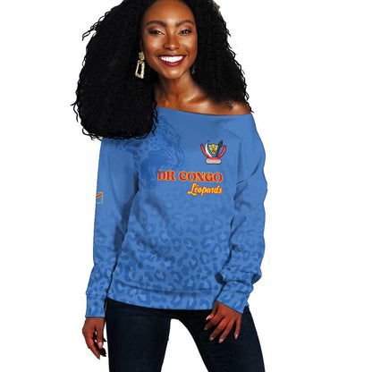 Afro DR Congo Football Custom Off Shoulder Sweater Viva Les Leopards - Blue - African Pride