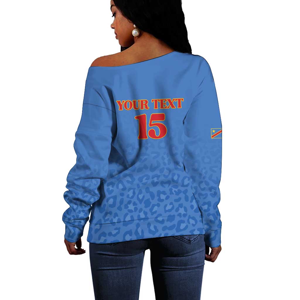 Afro DR Congo Football Custom Off Shoulder Sweater Viva Les Leopards - Blue - African Pride