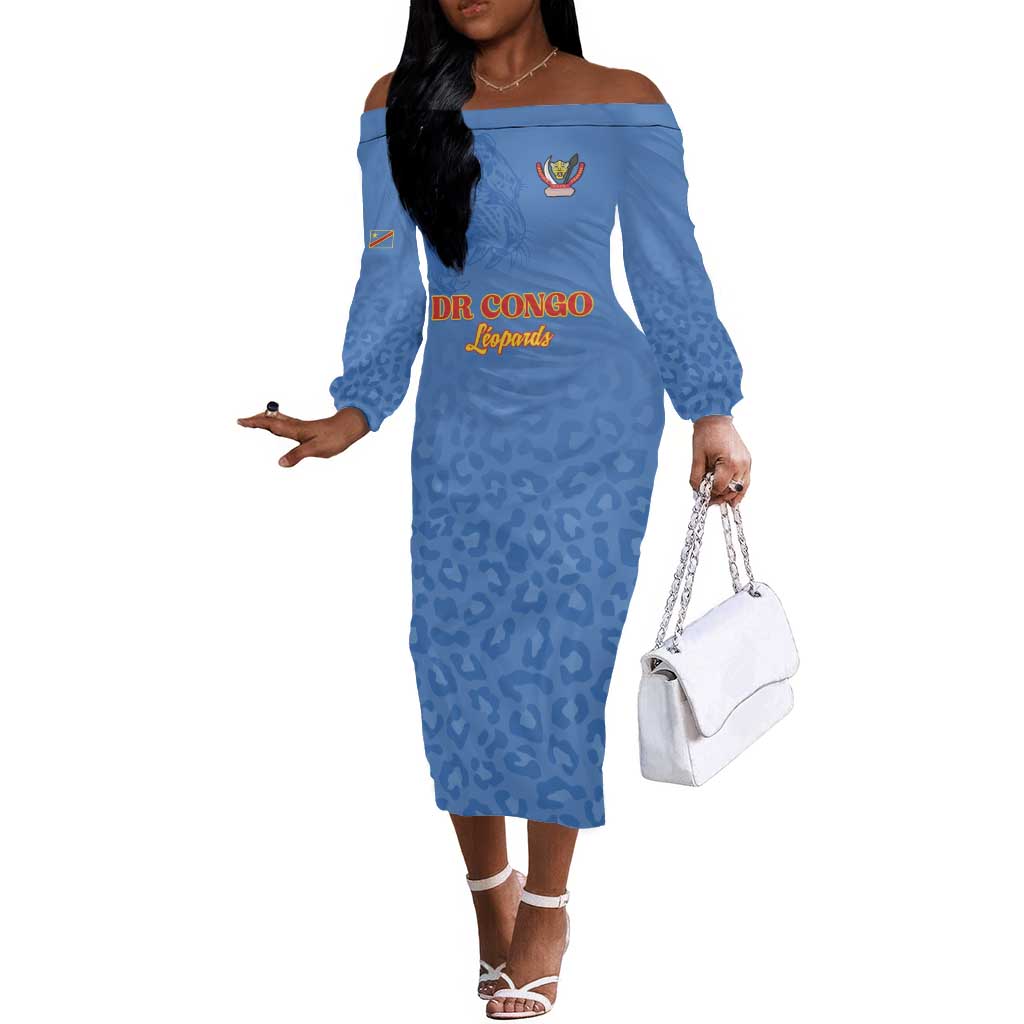Afro DR Congo Football Custom Off The Shoulder Long Sleeve Dress Viva Les Leopards - Blue - African Pride
