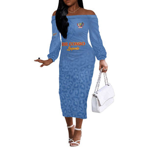 Afro DR Congo Football Custom Off The Shoulder Long Sleeve Dress Viva Les Leopards - Blue - African Pride
