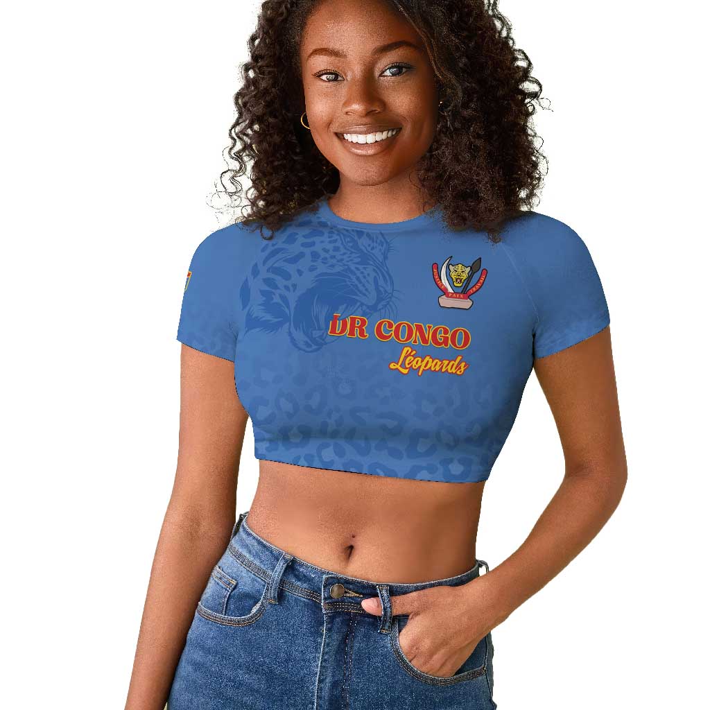 Afro DR Congo Football Custom Raglan Cropped T shirt Viva Les Leopards - Blue - African Pride