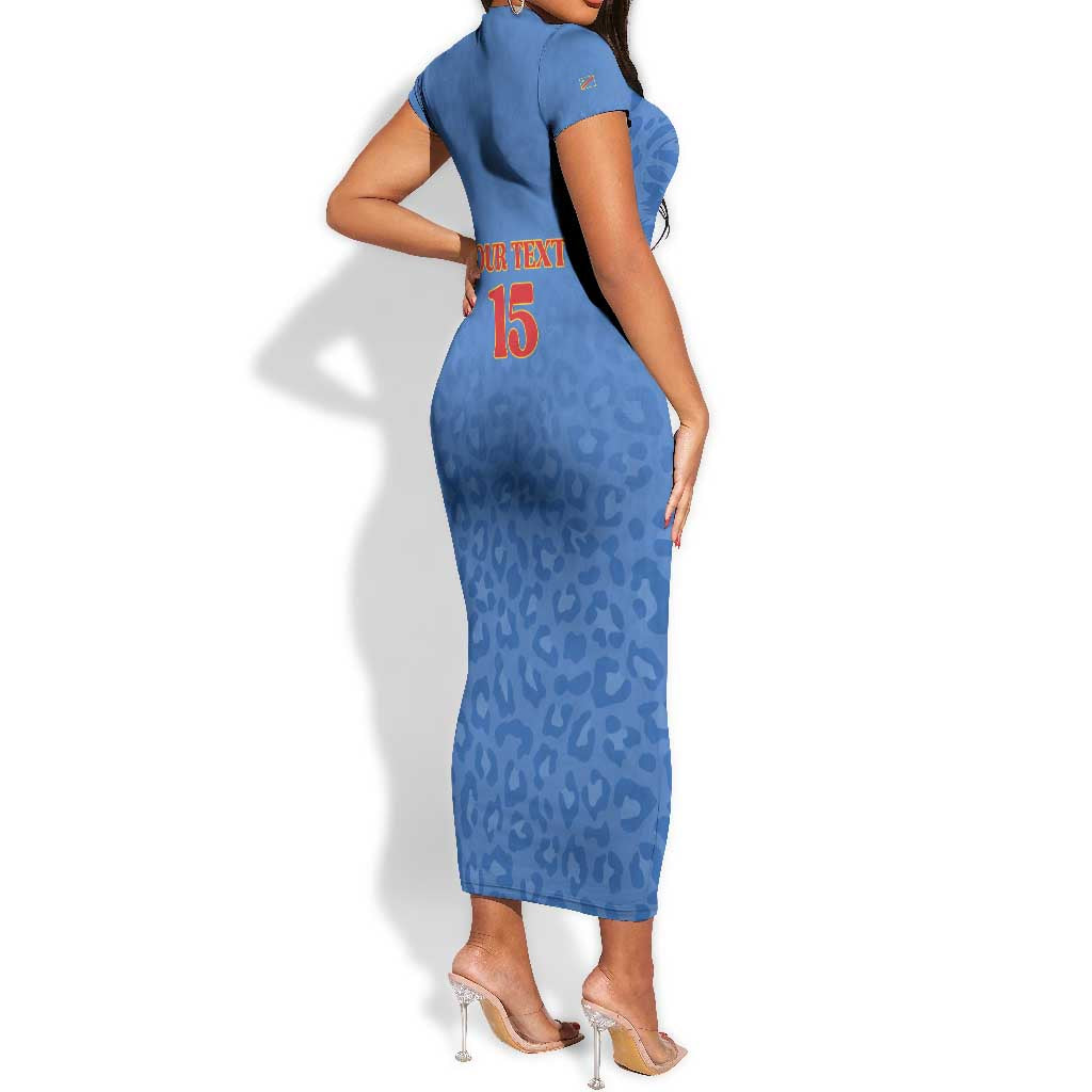 Afro DR Congo Football Custom Short Sleeve Bodycon Dress Viva Les Leopards - Blue - African Pride