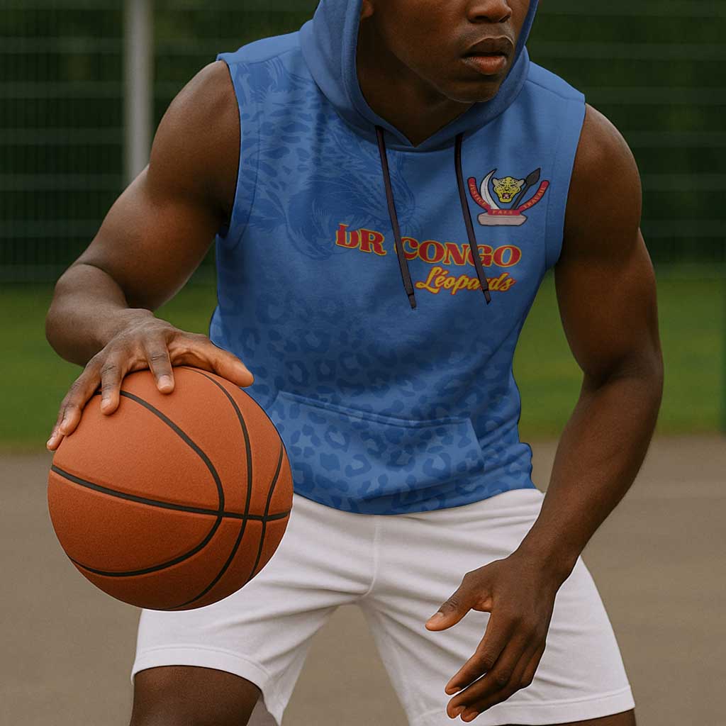 Afro DR Congo Football Custom Sleeveless Hoodie Viva Les Leopards - Blue - African Pride