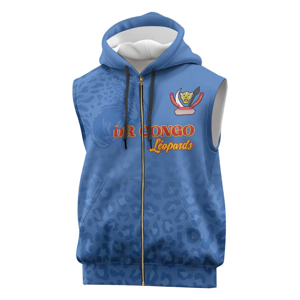 Afro DR Congo Football Custom Sleeveless Zip Hoodie Viva Les Leopards - Blue - African Pride