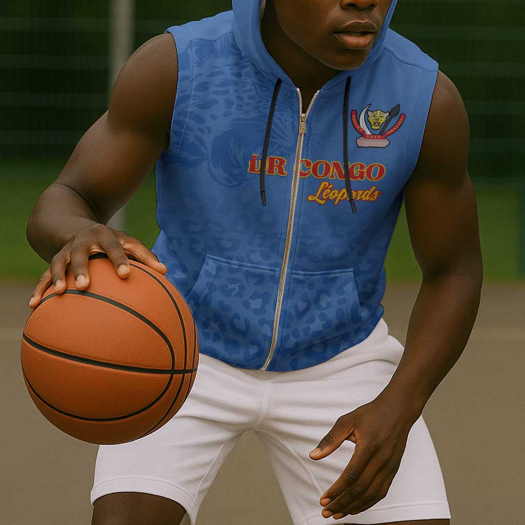 Afro DR Congo Football Custom Sleeveless Zip Hoodie Viva Les Leopards - Blue - African Pride