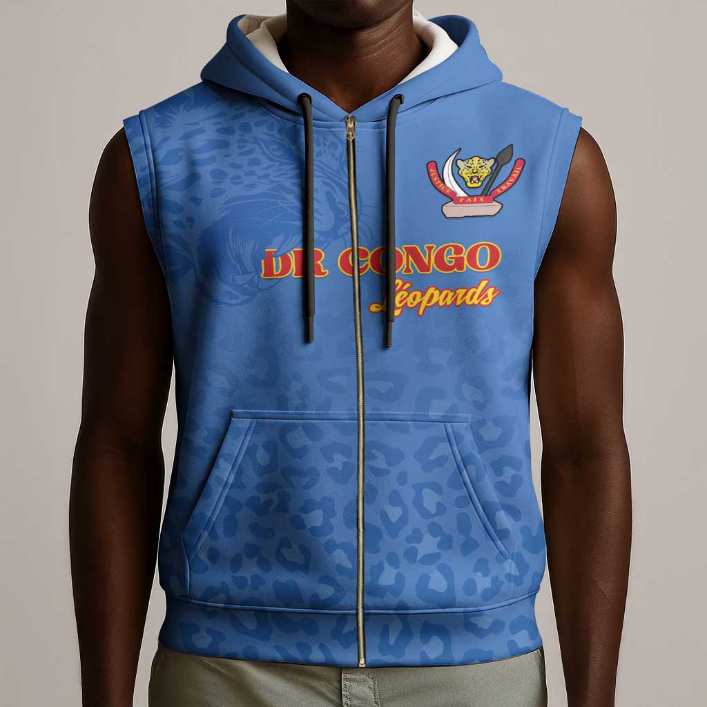 Afro DR Congo Football Custom Sleeveless Zip Hoodie Viva Les Leopards - Blue - African Pride