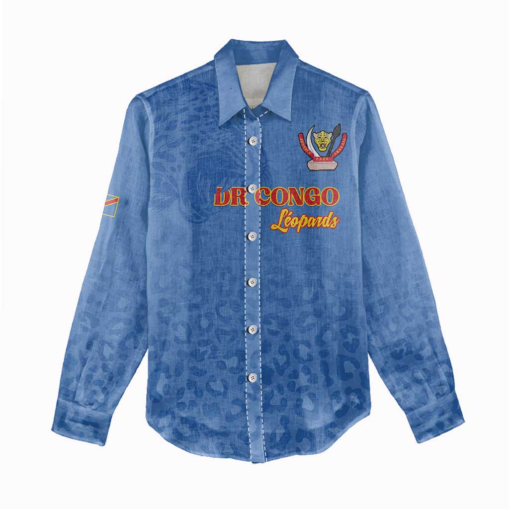 Afro DR Congo Football Custom Women Casual Shirt Viva Les Leopards - Blue - African Pride