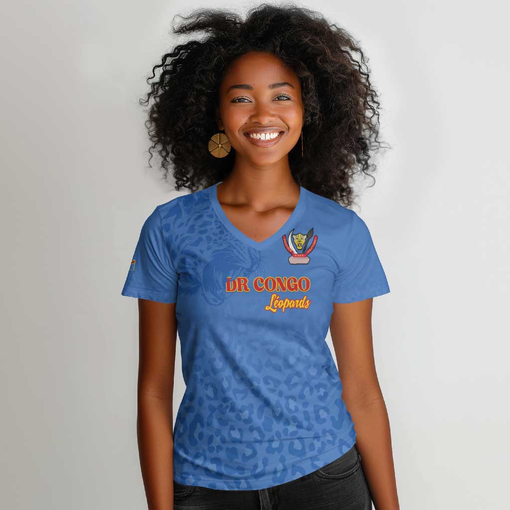 Afro DR Congo Football Custom Women V-Neck T-Shirt Viva Les Leopards - Blue - African Pride