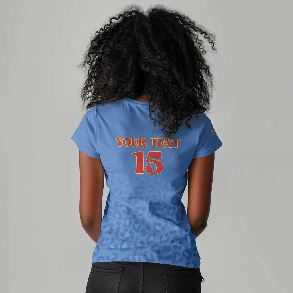 Afro DR Congo Football Custom Women V-Neck T-Shirt Viva Les Leopards - Blue - African Pride