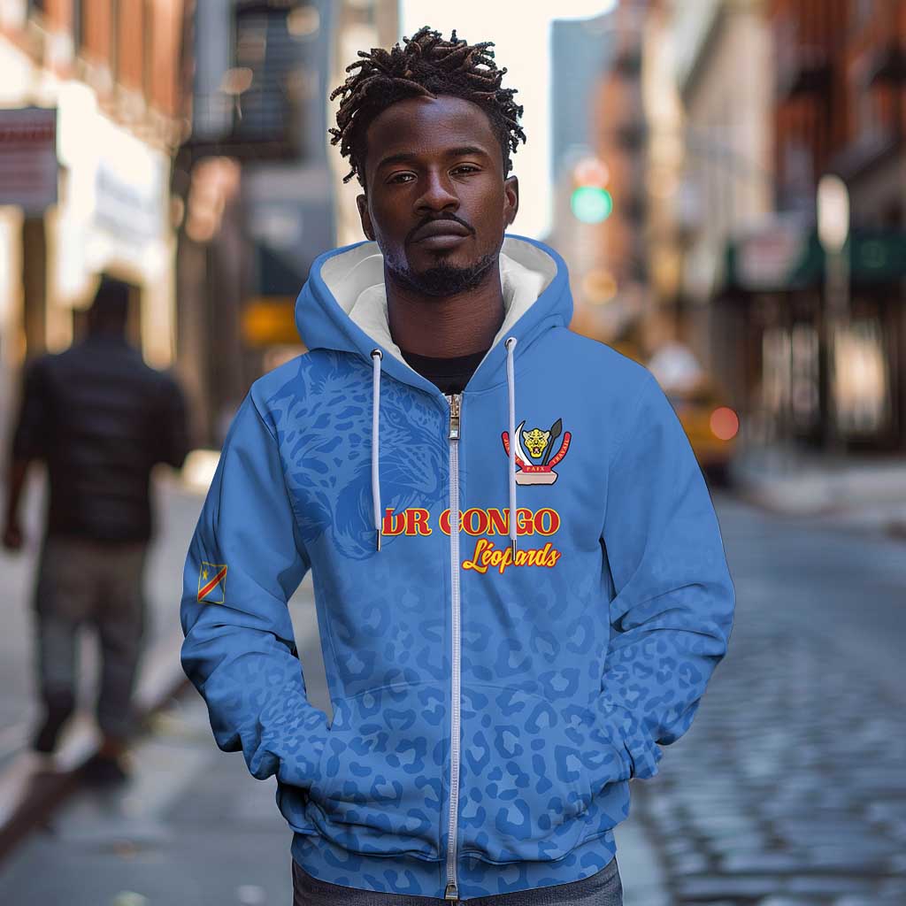 Afro DR Congo Football Custom Zip Hoodie Viva Les Leopards - Blue - African Pride