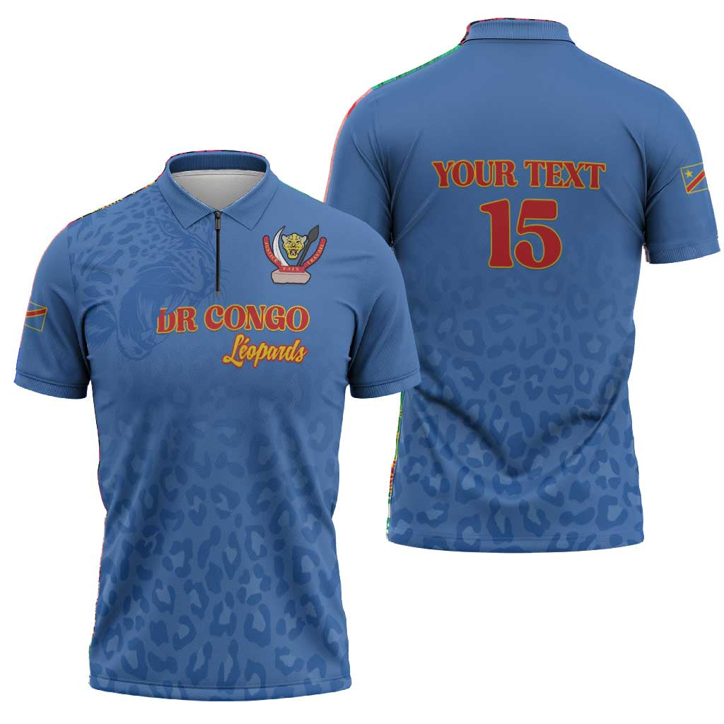 Custom DR Congo Football Zipper Polo Shirt Go Champions Leopards - Blue