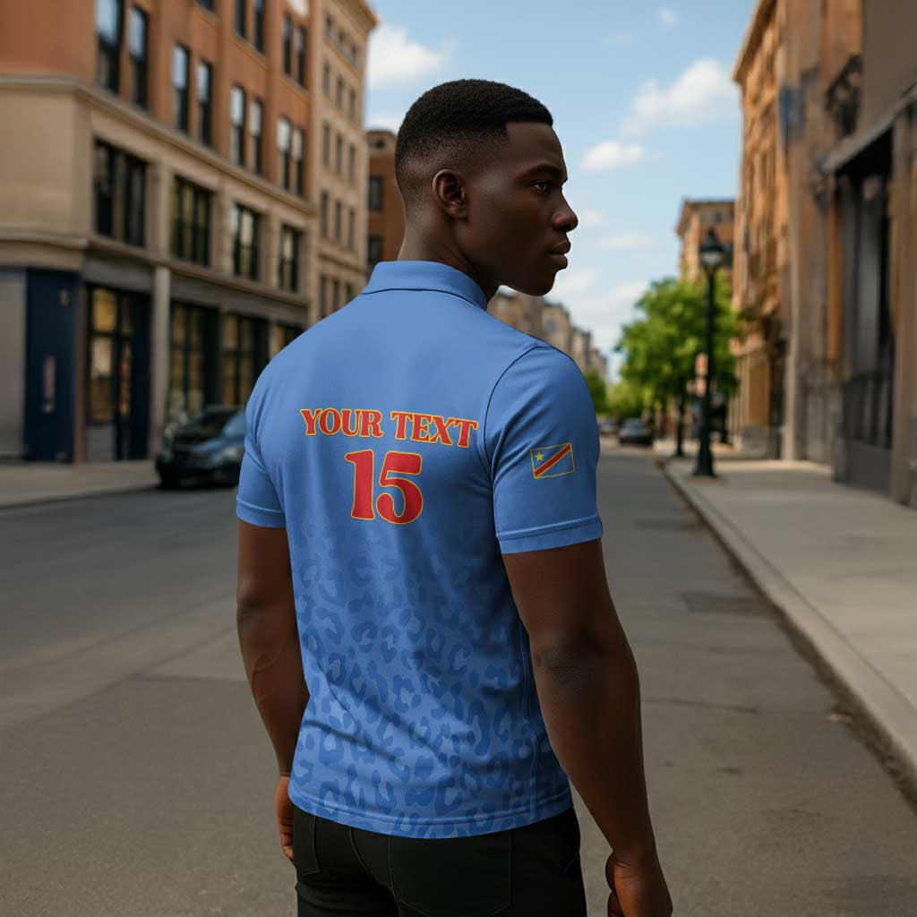 Custom DR Congo Football Zipper Polo Shirt Go Champions Leopards - Blue