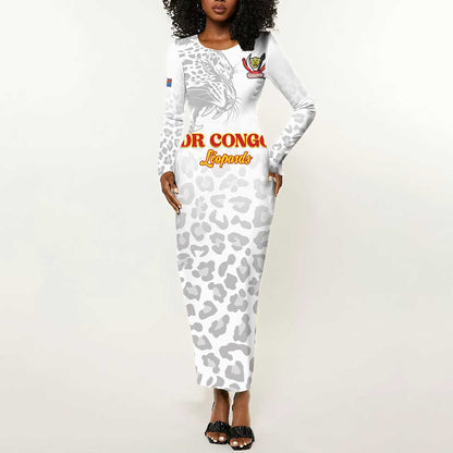 Afro DR Congo Football Custom Long Sleeve Bodycon Dress Viva Les Leopards - White - African Pride