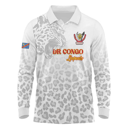 Afro DR Congo Football Custom Long Sleeve Polo Shirt Viva Les Leopards - White - African Pride