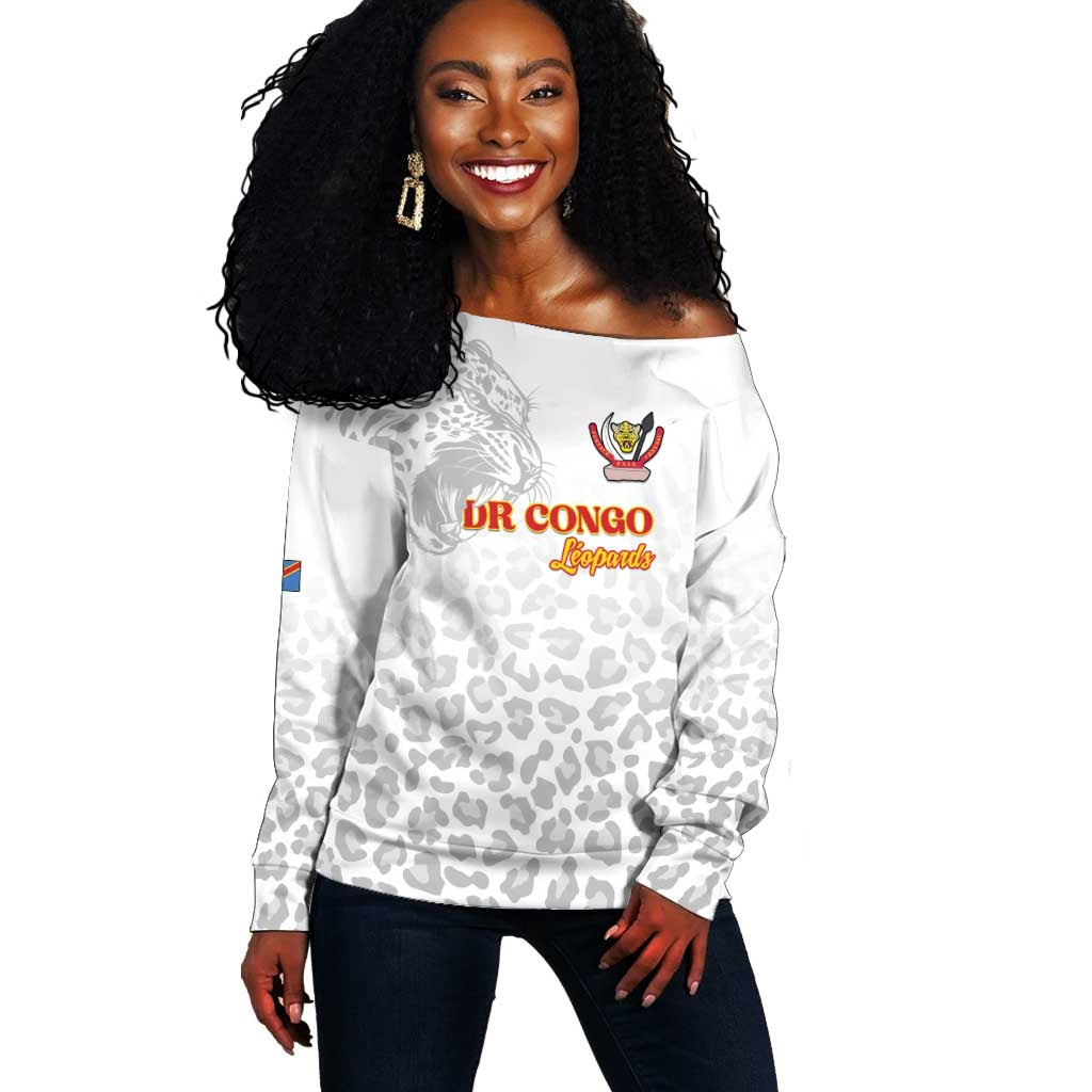 Afro DR Congo Football Custom Off Shoulder Sweater Viva Les Leopards - White - African Pride