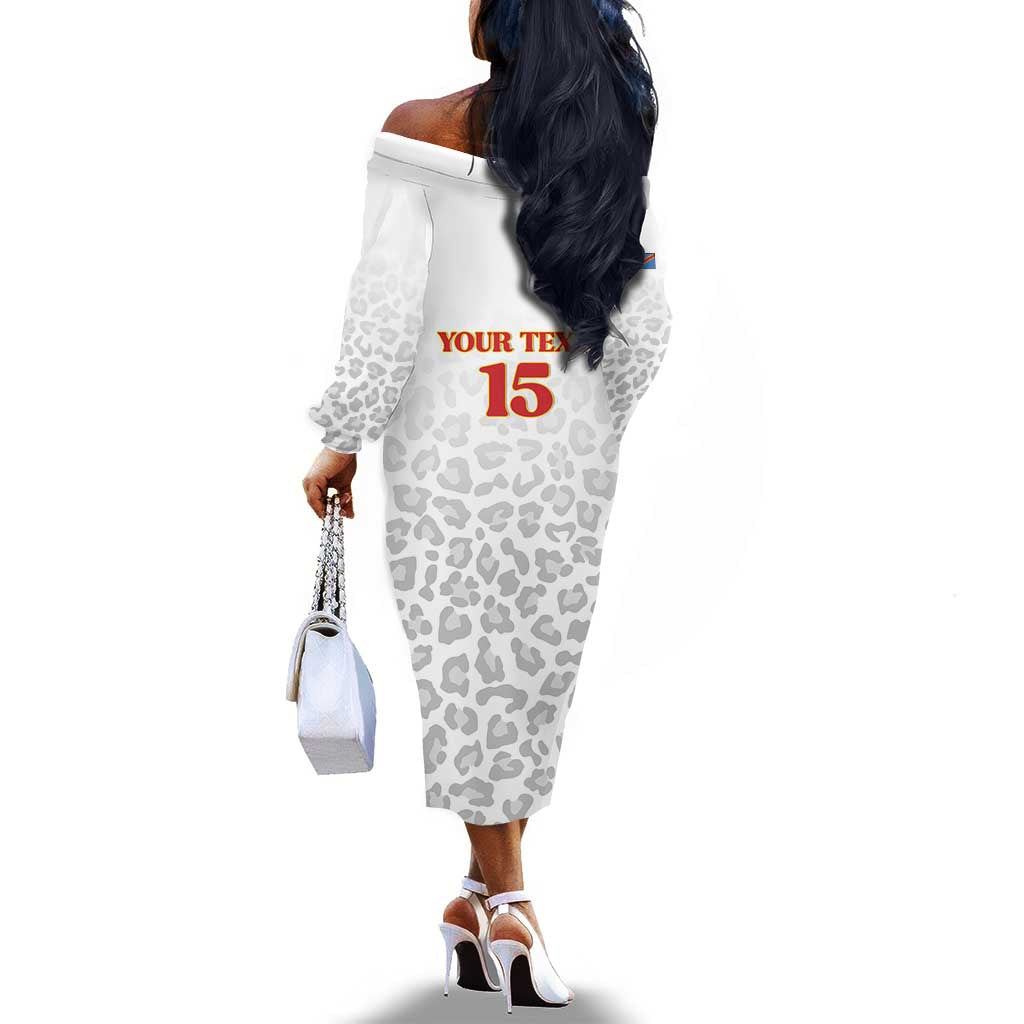 Afro DR Congo Football Custom Off The Shoulder Long Sleeve Dress Viva Les Leopards - White - African Pride