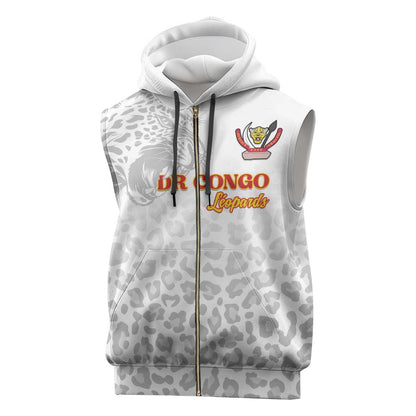 Afro DR Congo Football Custom Sleeveless Zip Hoodie Viva Les Leopards - White - African Pride