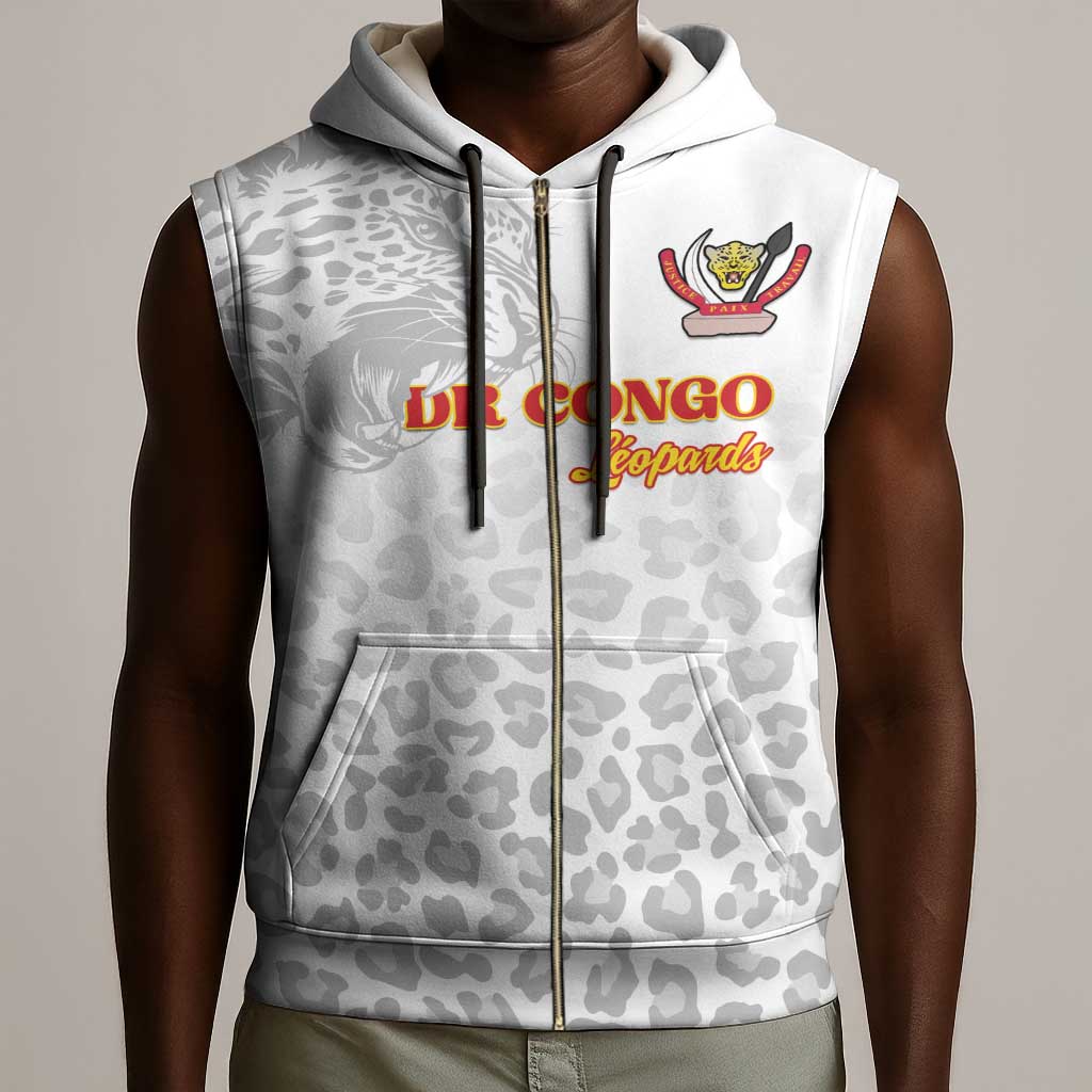 Afro DR Congo Football Custom Sleeveless Zip Hoodie Viva Les Leopards - White - African Pride