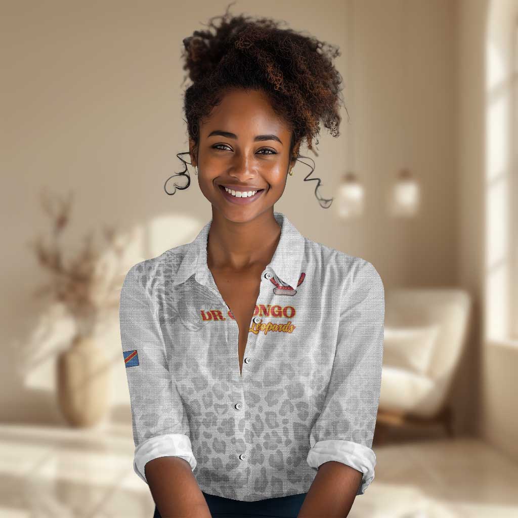 Afro DR Congo Football Custom Women Casual Shirt Viva Les Leopards - White - African Pride