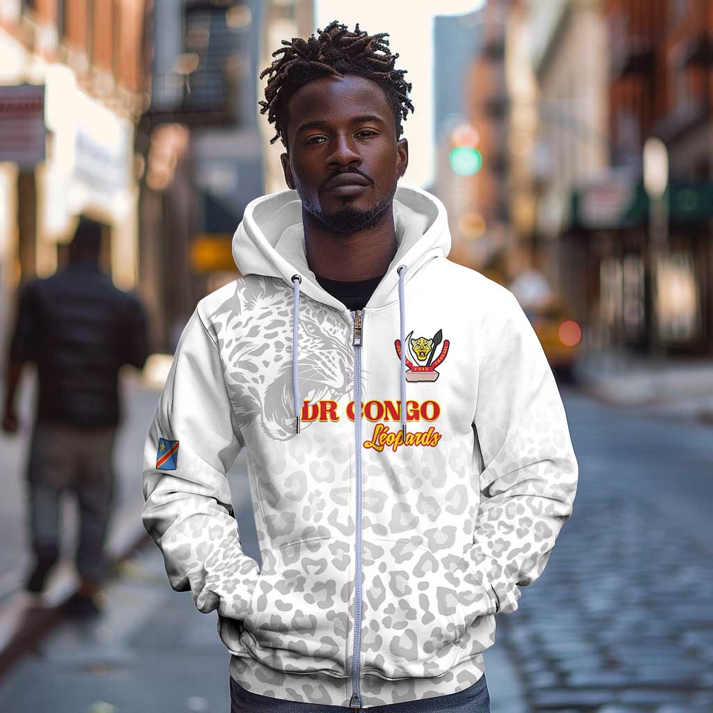 Afro DR Congo Football Custom Zip Hoodie Viva Les Leopards - White - African Pride